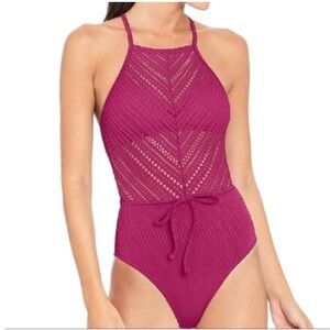 Robin Piccone Perla High Neck Crochet Mix Swimsuit Orchid Size 10 Beach Vacation
